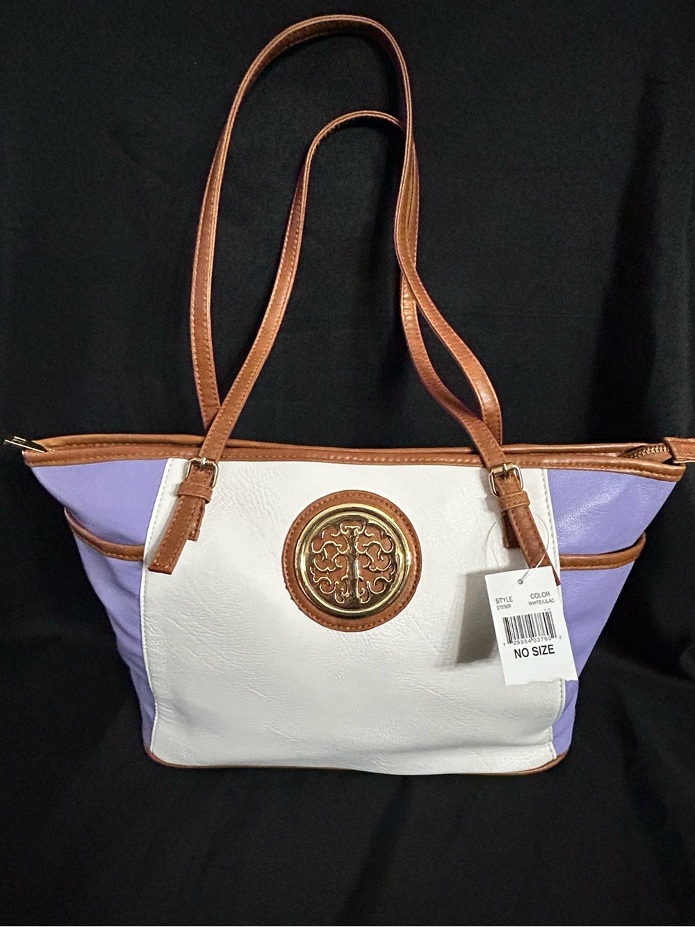 Women’s White & Lavender Tote Bag with Brown Trim & Gold Accent NWT